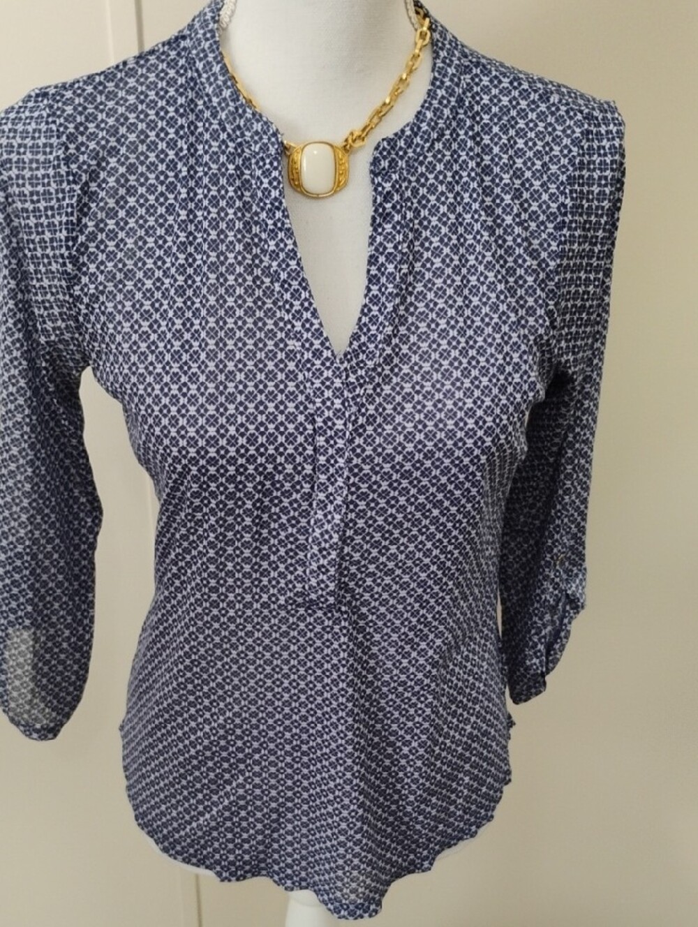 The Limited Navy and White Geometric Split-Neck Blouse - Picture 5 of 6